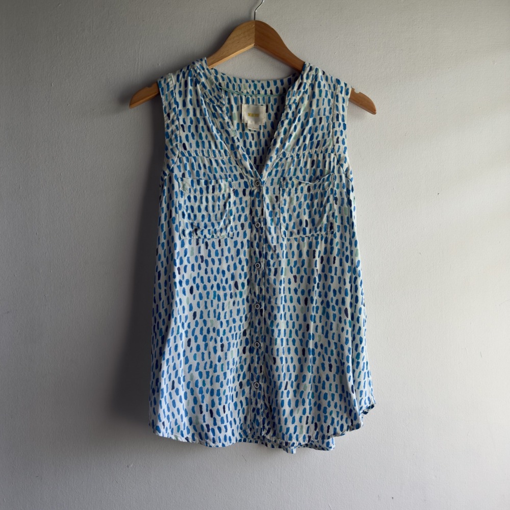 Maeve Anthropologie Dash Print Sleeveless Button Down Top Women 4 Blue Coastal